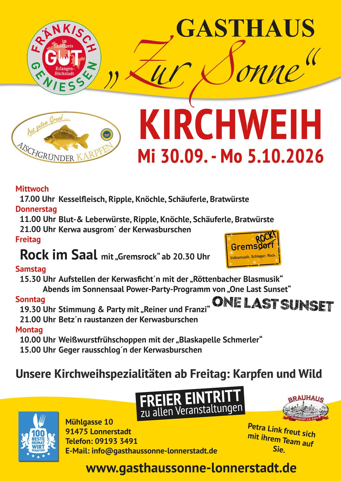 Kerwa in Lonnerstadt, 30.9. bis 5.10.2026